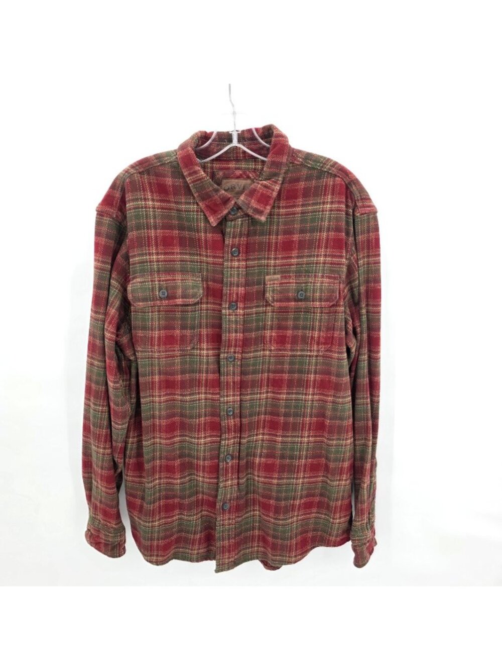 Orvis Flannel Shirt Mens L Red Plaid Heavyweight Shacket Cabin Hunting Fishing